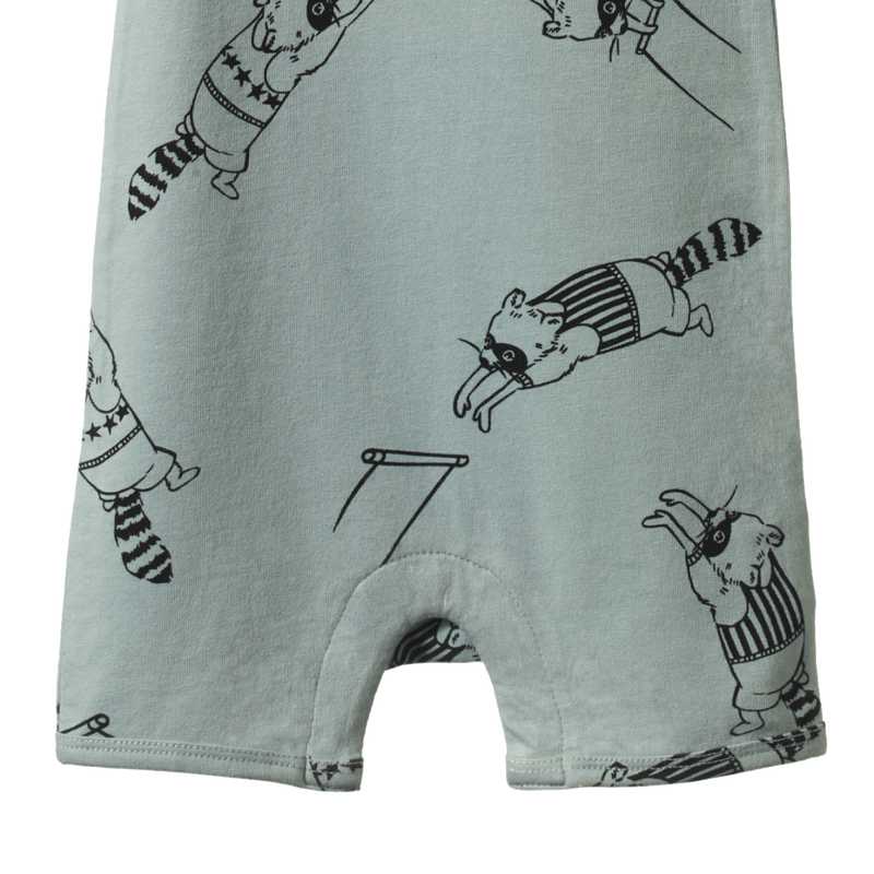 Nature Baby Short Sleeve Quincy Romper in Raccoon Rhapsody Print