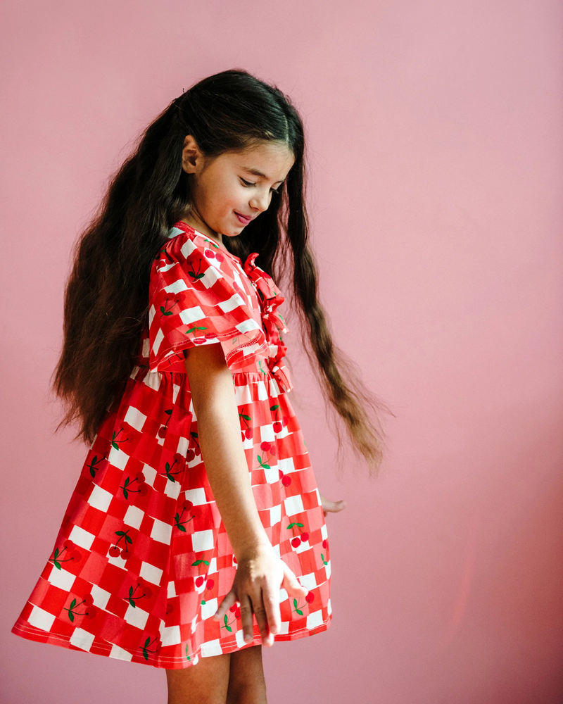 Rock your baby cherry check short sleeve Bowie dress in red