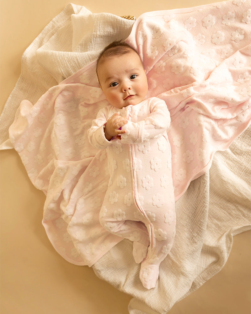 BEBE PINK FLOWER ORGANIC JACQUARD LS ONESIE