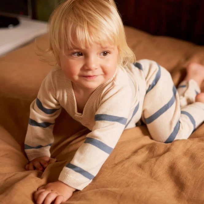 Nature Baby Lou suit in oatmeal marle and blue stripe