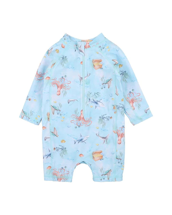 Bebe Flinn print LS swim sunsuit in blue