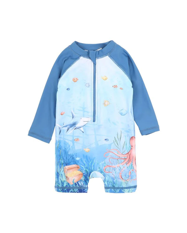 Bebe Flinn Ocean scene print LS swim sunsuit in blue