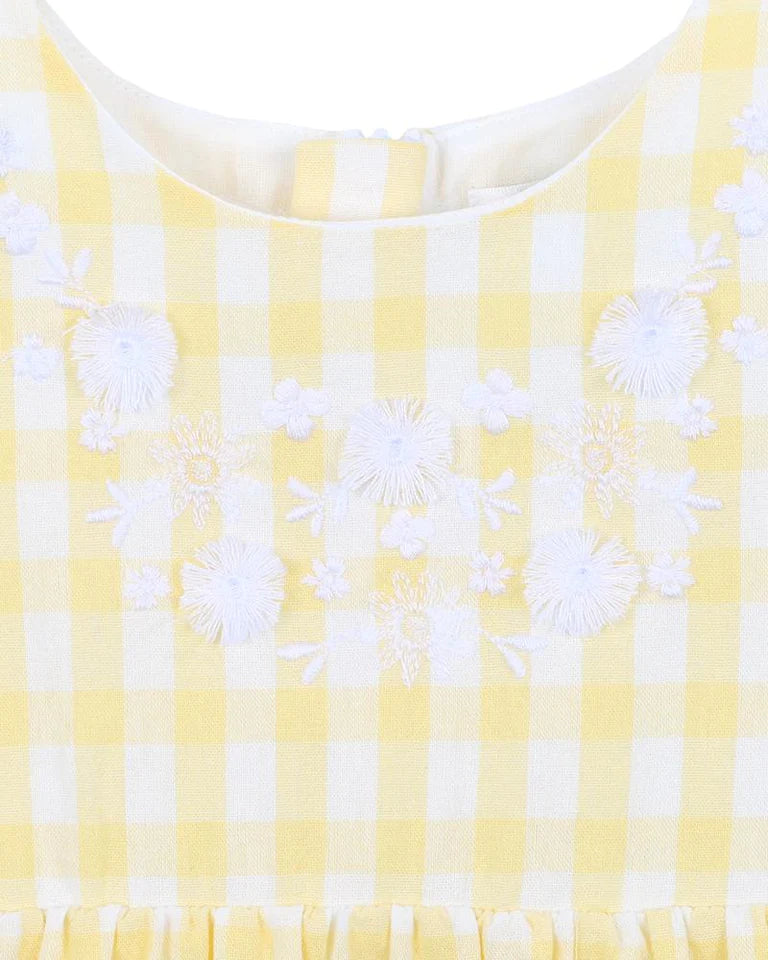 Bebe Peggy embroidered gingham dress lemon in yellow