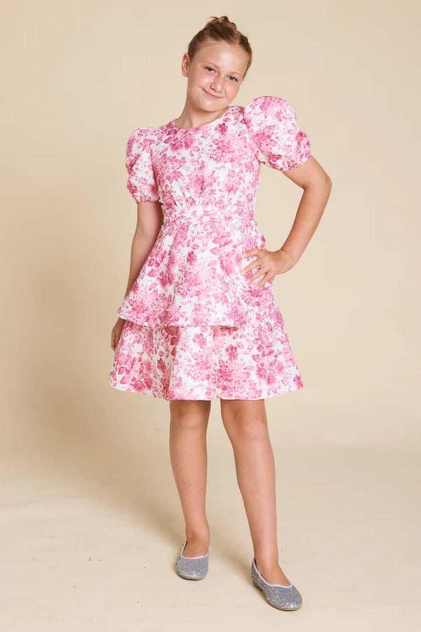 Honey & Beau Teens Winona Puff Sleeve Dress in Pink Multi
