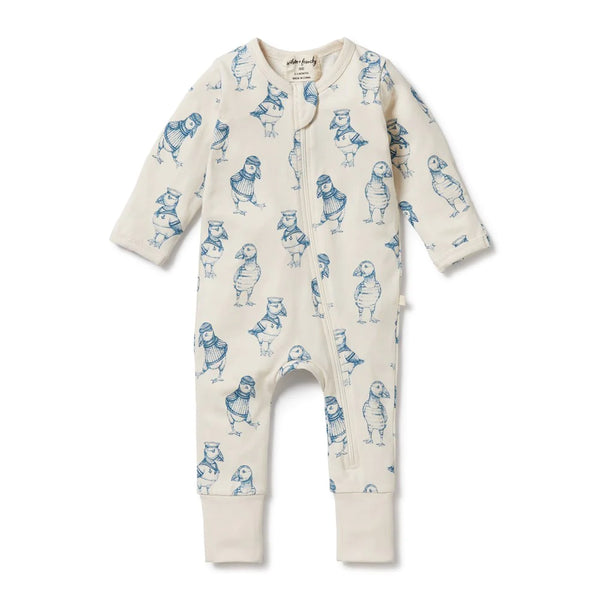 Wilson & Frenchy Organic Zipsuit with Feet - Petit Puffin Print in Multi