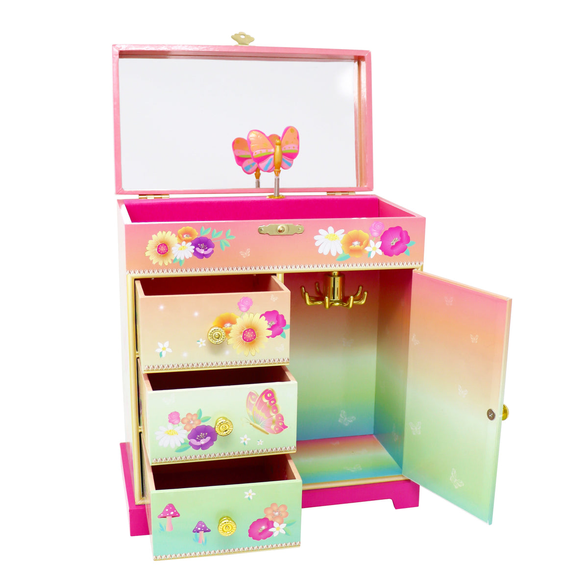 Pink Poppy Rainbow Butterfly Large Music Box