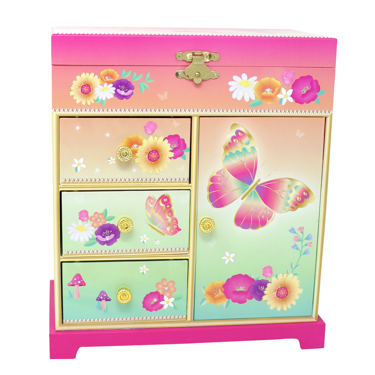 Pink Poppy Rainbow Butterfly Large Music Box