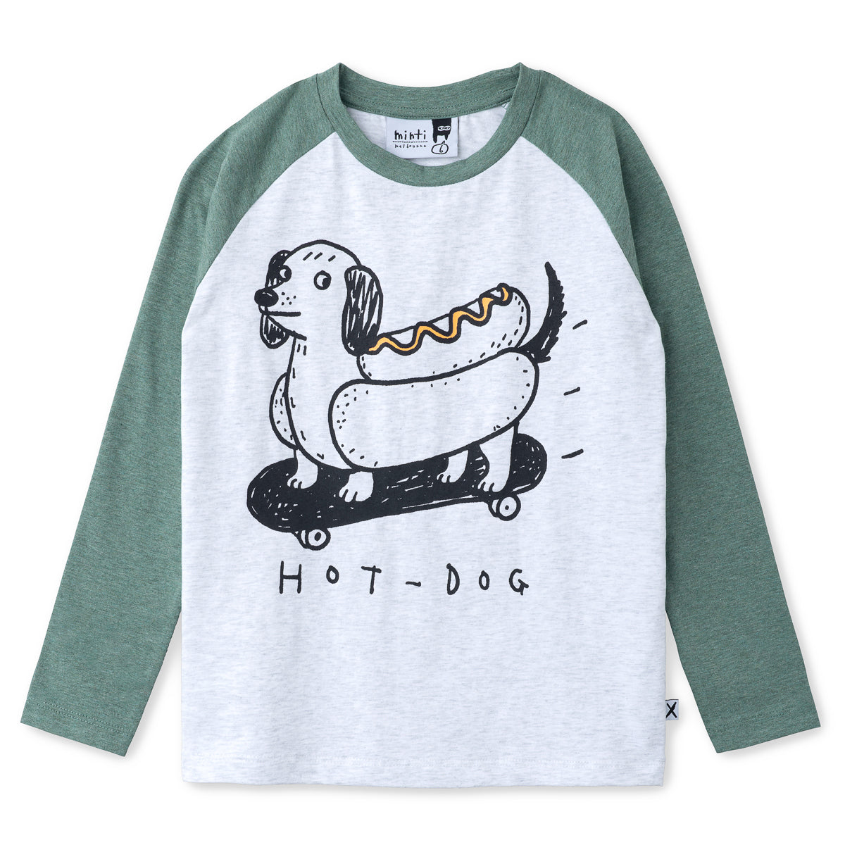 Minti long sleeve hot dog tee in white marle and forest