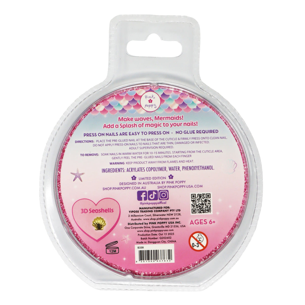 Pink Poppy 3D Mermaid Sparkle Press On Nails