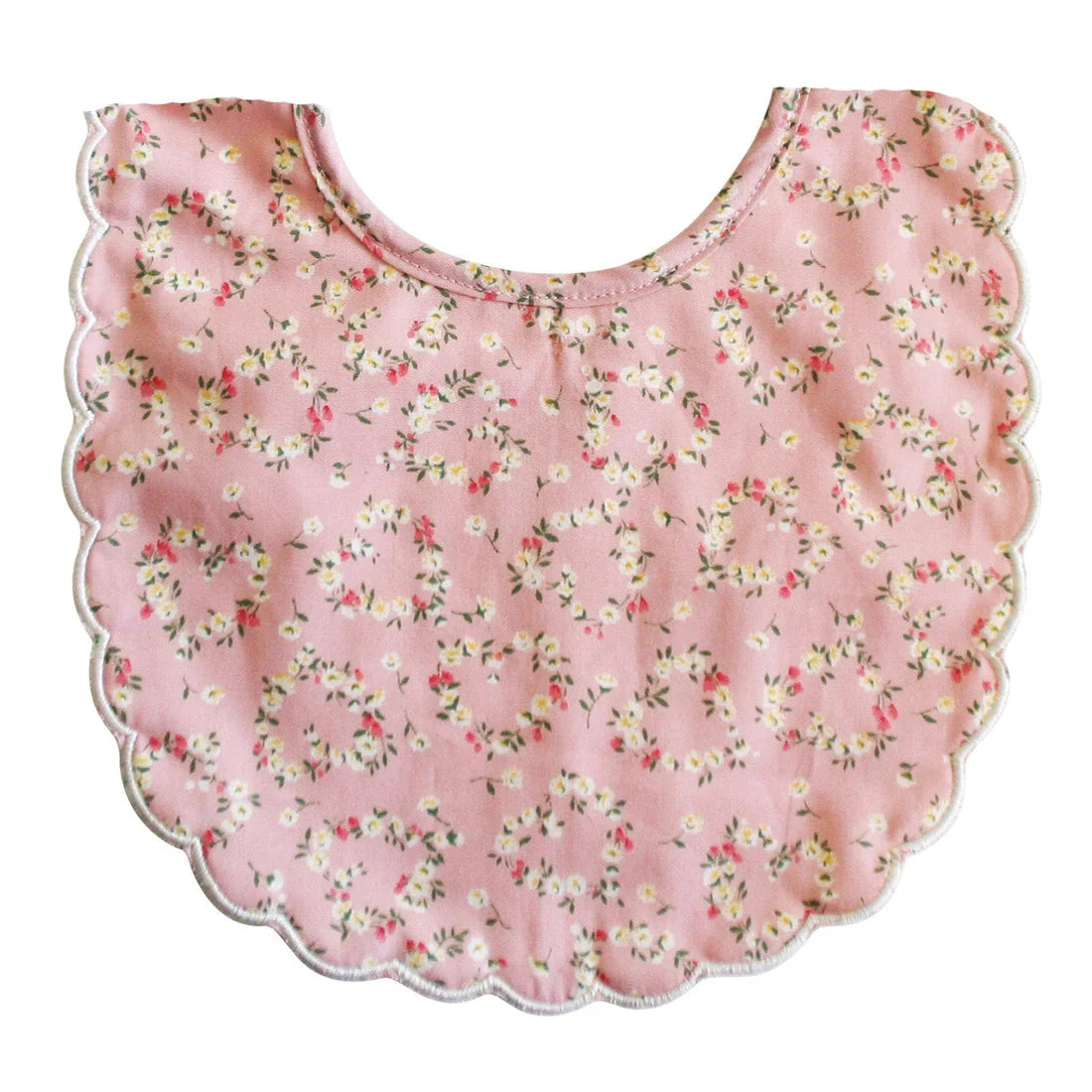 Alimrose Scallop Bib Posy Heart - pink floral baby bib with scalloped edge