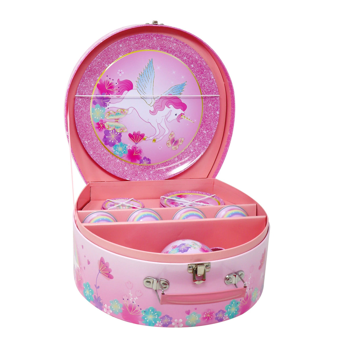 Pink Poppy Unicorn Rainbow 15 pc Tin Tea Set in Carry Case