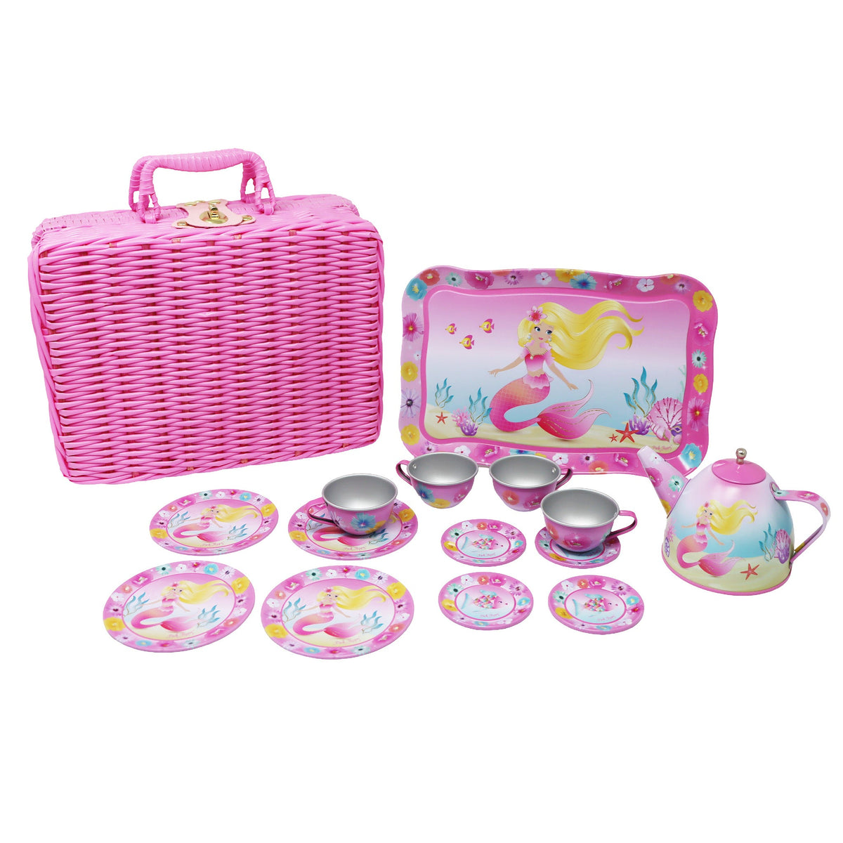 Pink Poppy Mermaid 15pc Tin Tea Set in Basket