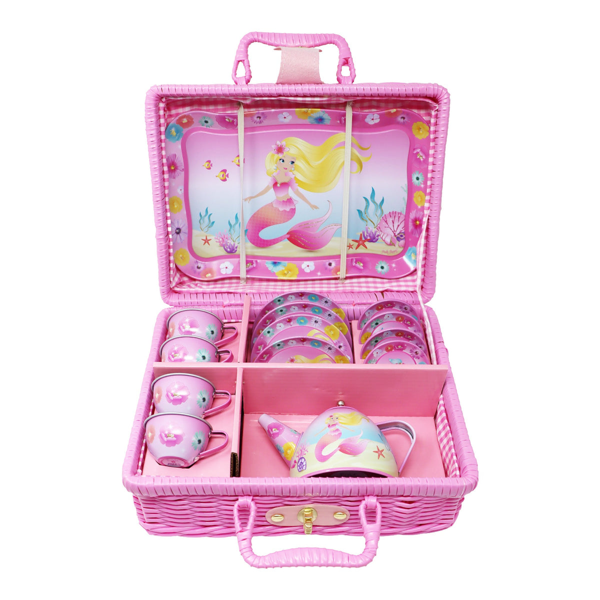 Pink Poppy Mermaid 15pc Tin Tea Set in Basket