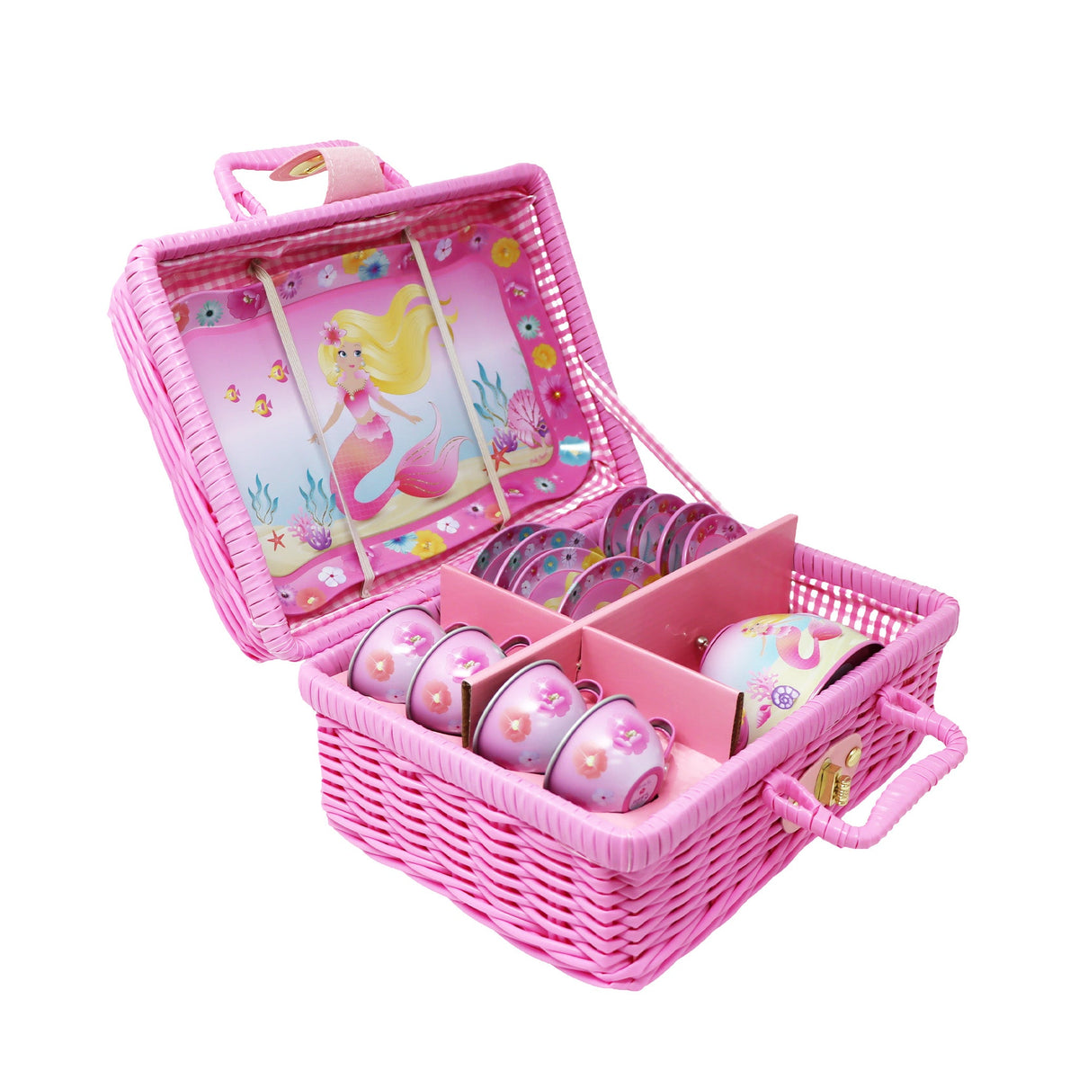 Pink Poppy Mermaid 15pc Tin Tea Set in Basket