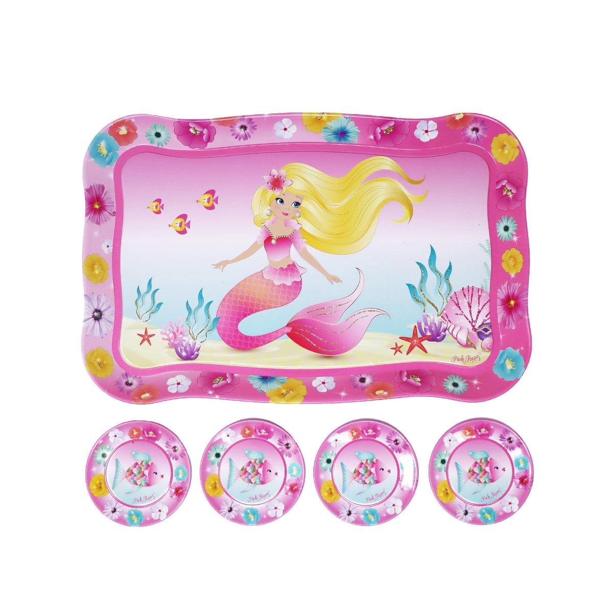 Pink Poppy Mermaid 15pc Tin Tea Set in Basket