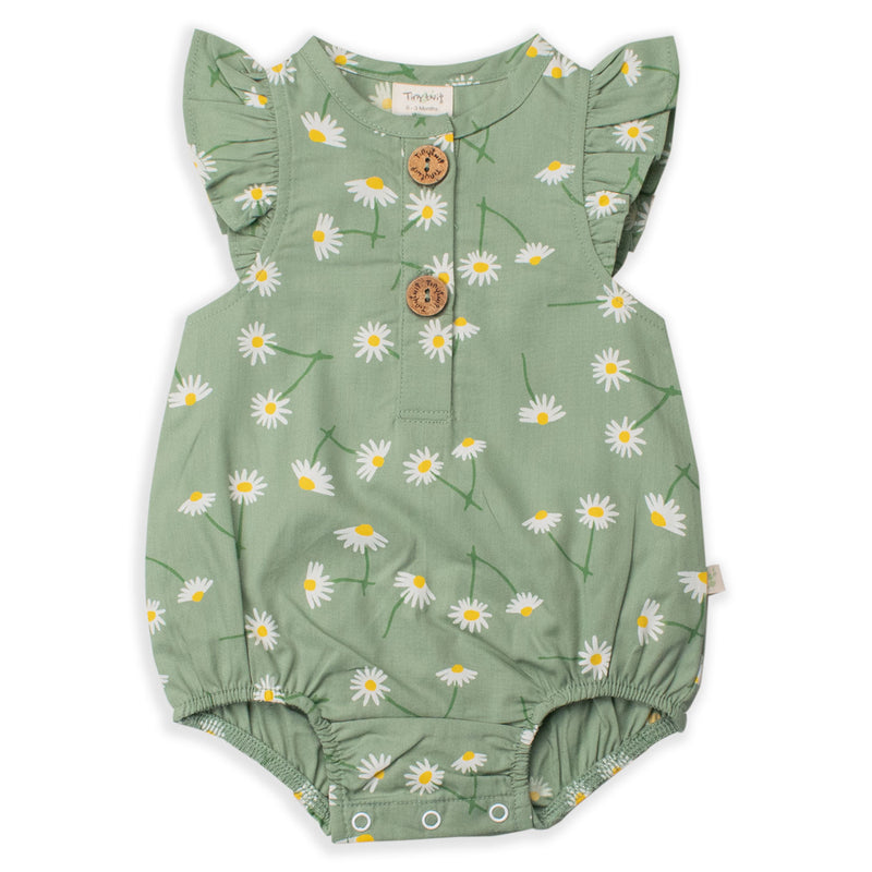 Tiny twig bubble romper with cap sleeve in daisy print