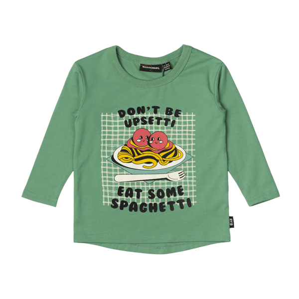 Rock Your Baby eat some spaghetti Baby LS Tee in green