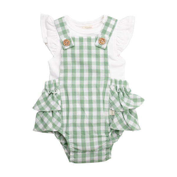 Tiny twig frill romper set in basil gingham
