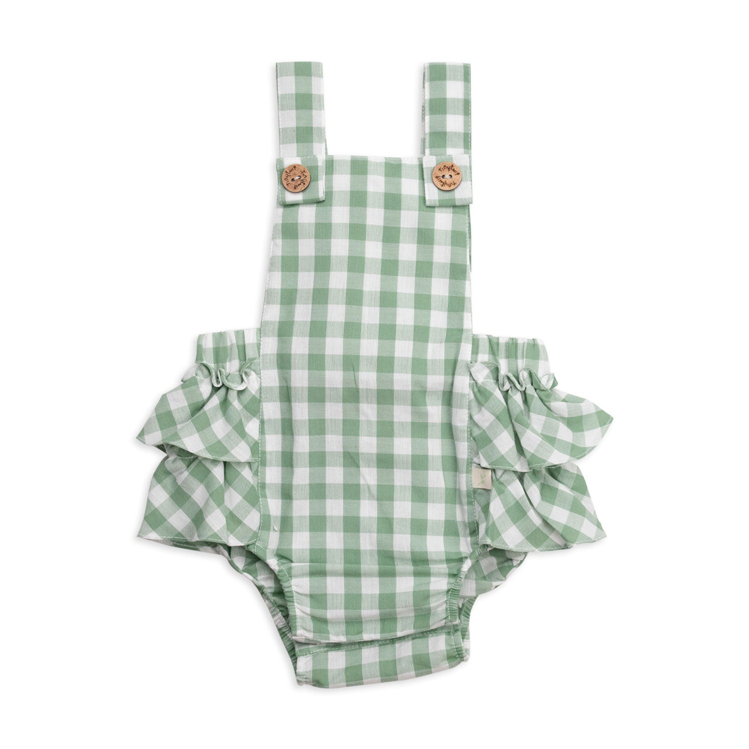Tiny twig frill romper set in basil gingham