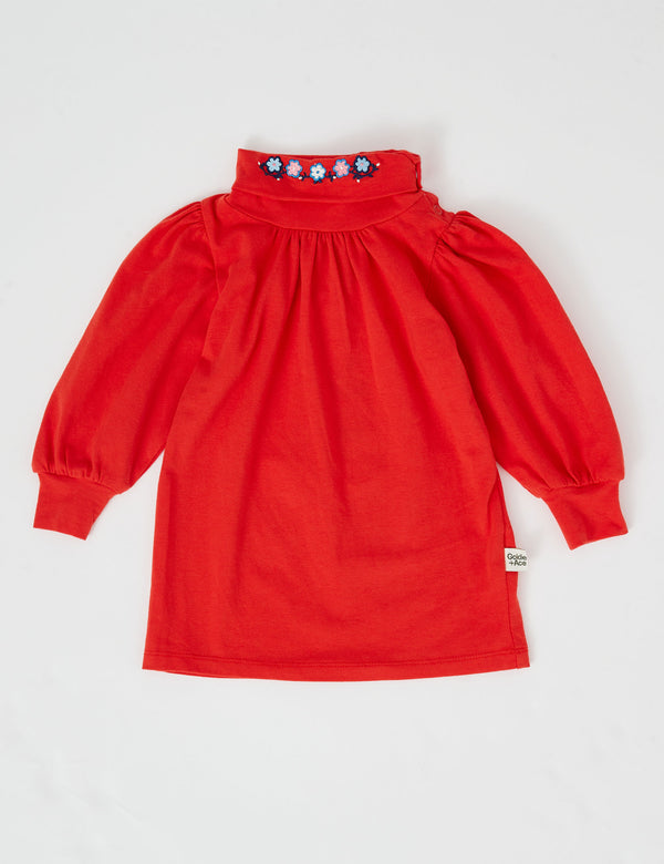 Goldie & Ace Sofia Embroidered Puff Sleeve Skivvy Apple Red in Red