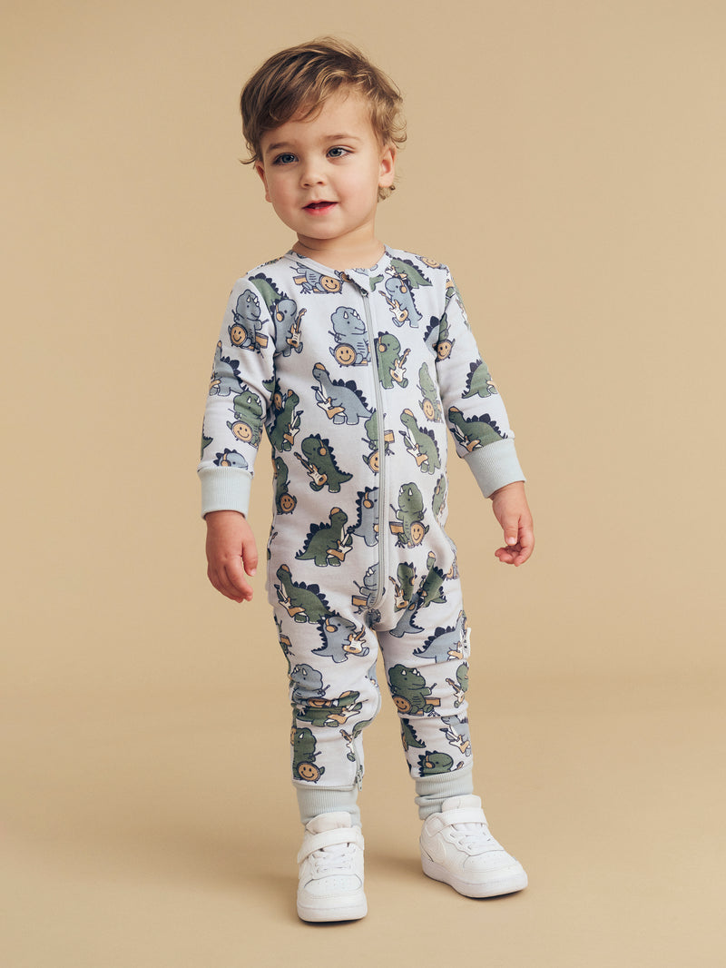 Huxbaby Dino Band Long Sleeve Romper Slate in Blue