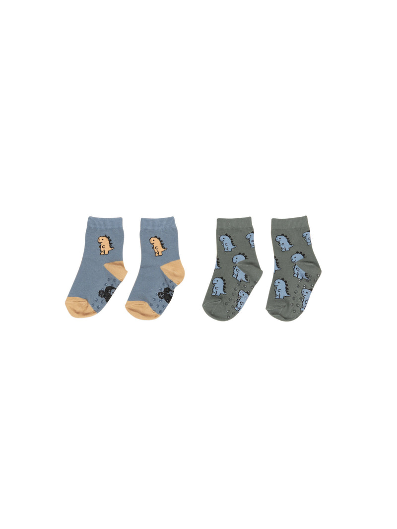 Huxbaby T-Rex 2pk Socks in Light Spruce/Dino Blue in Grey/Blue