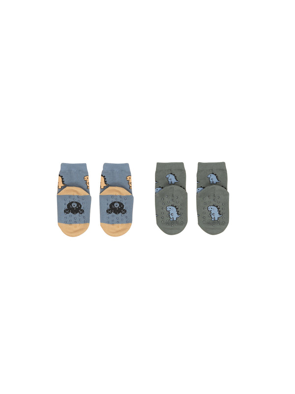 Huxbaby T-Rex 2pk Socks in Light Spruce/Dino Blue in Grey/Blue