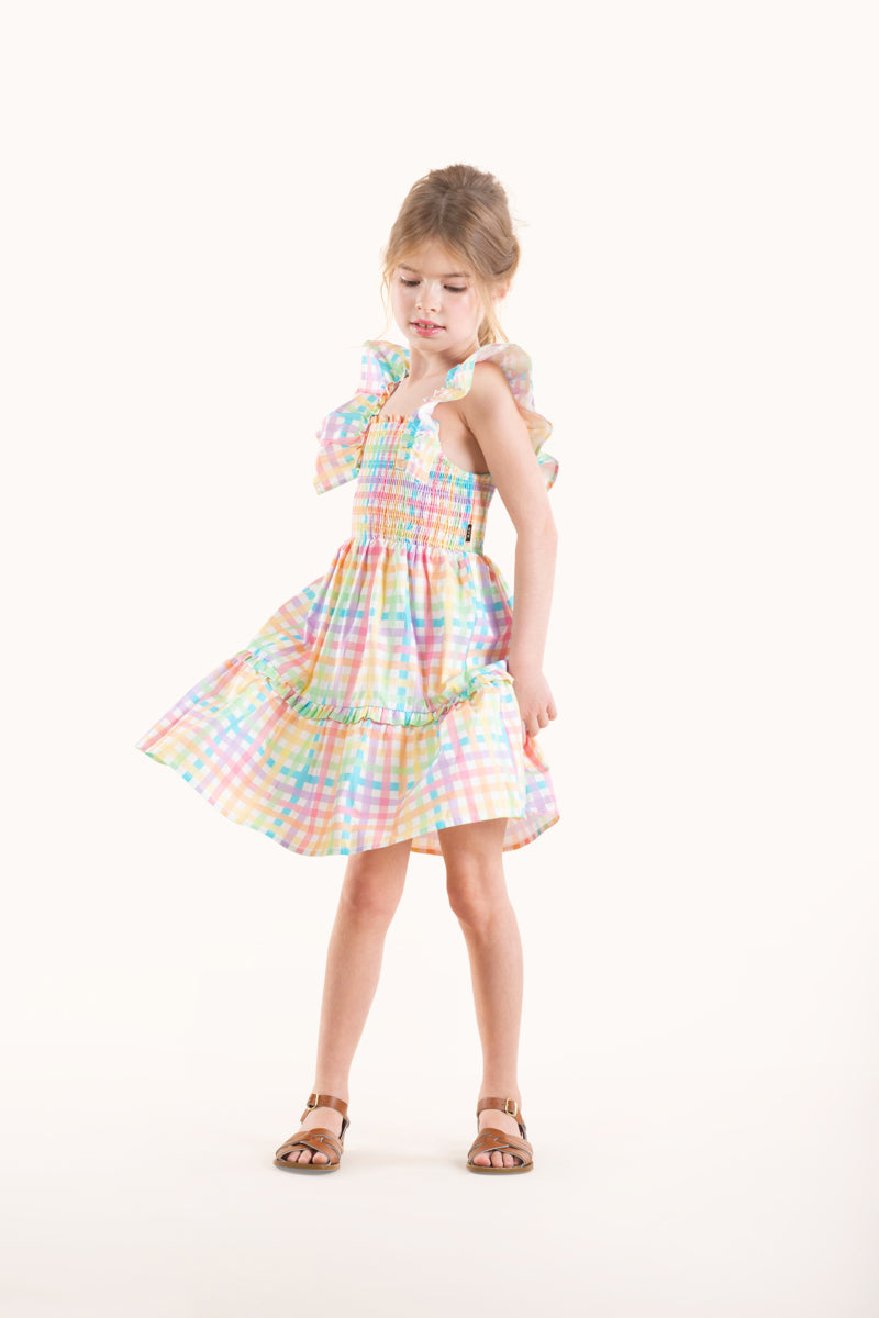 Rock your baby rainbow plaid dress in multi colours