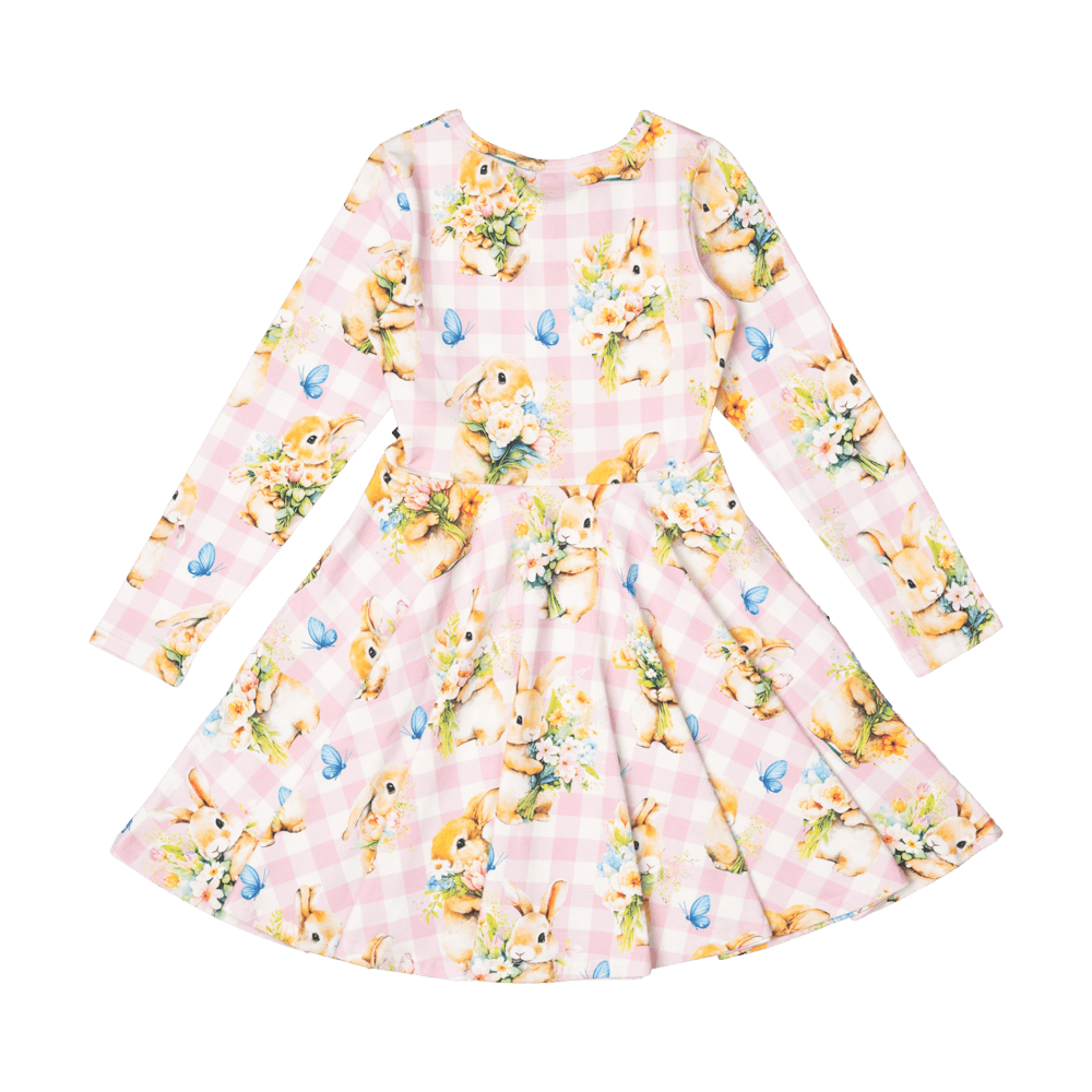Rock Your Baby Bunny Bouquet LS Waisted Dress in Pink/Cream Check