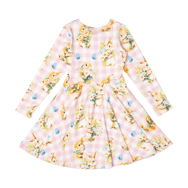 Rock Your Baby Bunny Bouquet LS Waisted Dress in Pink/Cream Check