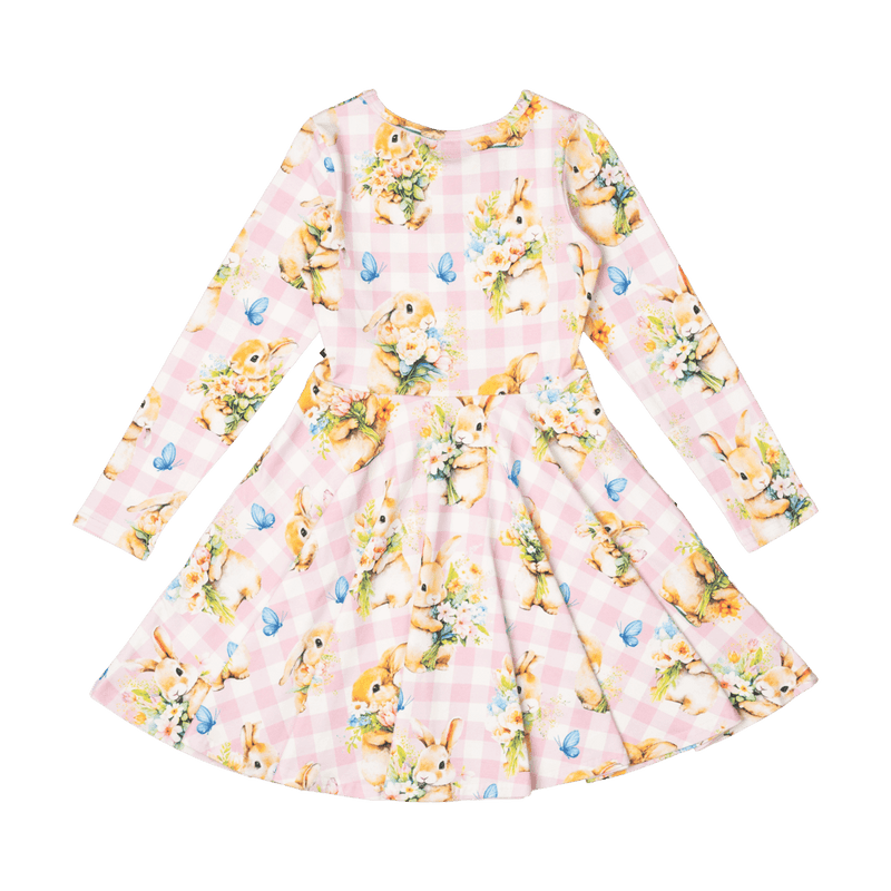 Rock Your Baby Bunny Bouquet LS Waisted Dress in Pink/Cream Check