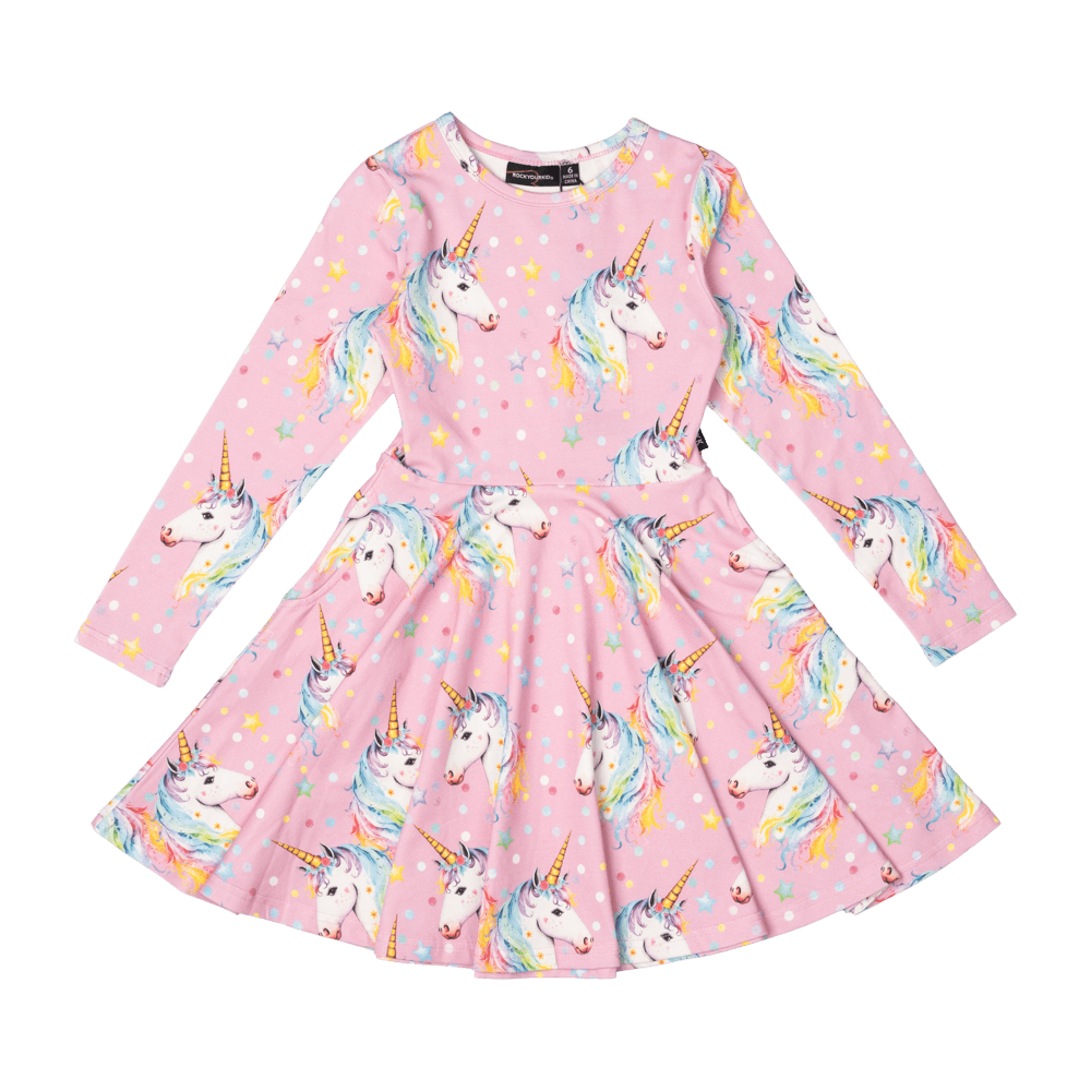 Rock Your Baby Dotty Unicorn LS Waisted Dress in Pink
