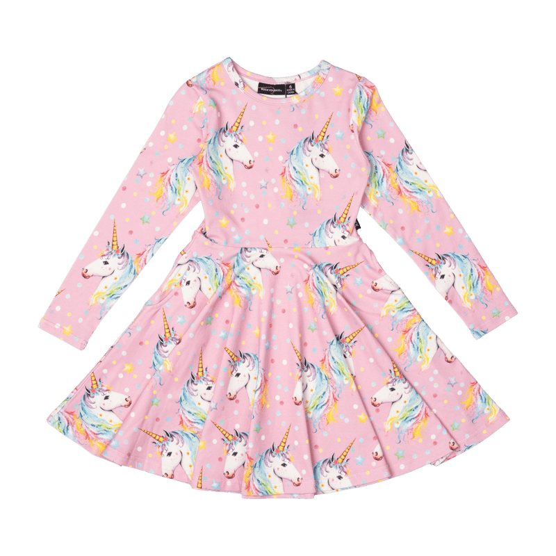 Rock Your Baby Dotty Unicorn LS Waisted Dress in Pink