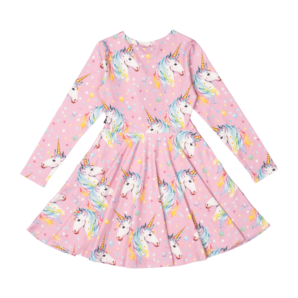 Rock Your Baby Dotty Unicorn LS Waisted Dress in Pink