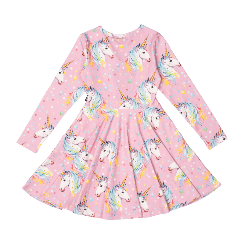 Rock Your Baby Dotty Unicorn LS Waisted Dress in Pink