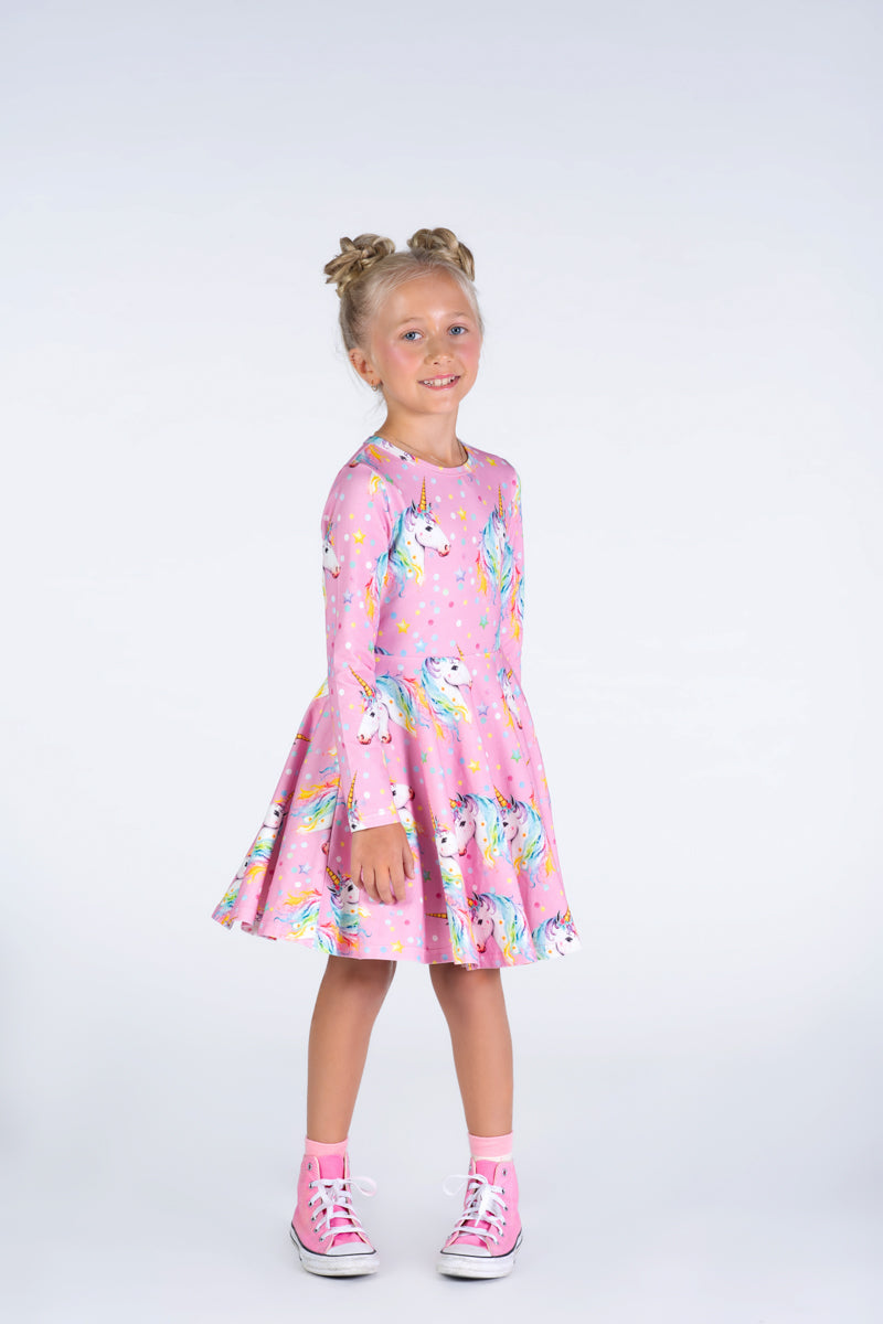 Rock Your Baby Dotty Unicorn LS Waisted Dress in Pink