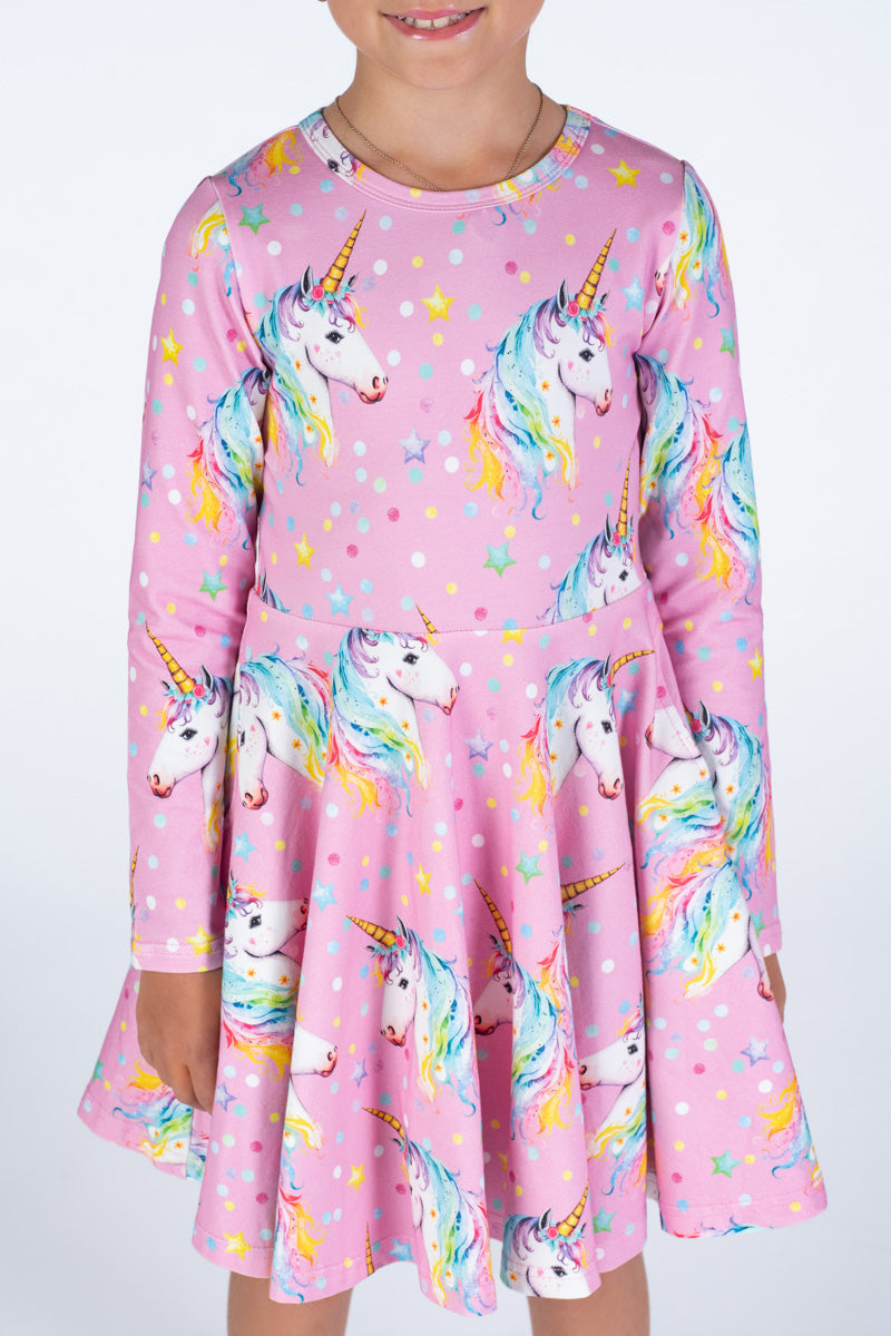 Rock Your Baby Dotty Unicorn LS Waisted Dress in Pink