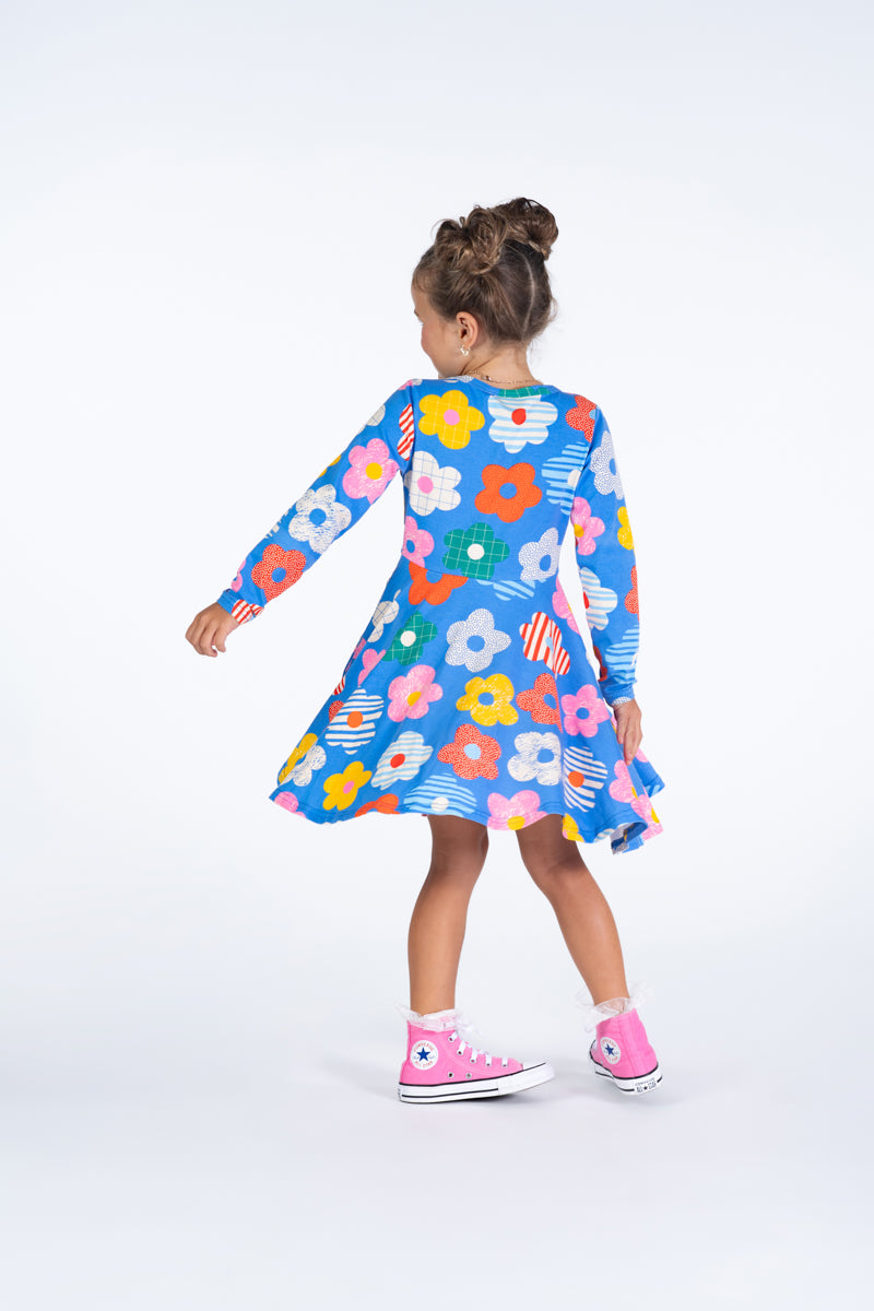 Rock Your Baby Happy Flowers LS Waisted Dress in Blue