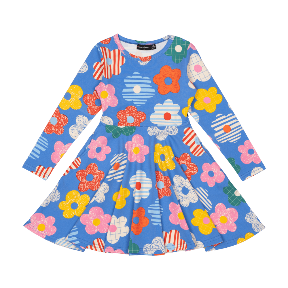 Rock Your Baby Happy Flowers LS Waisted Dress in Blue