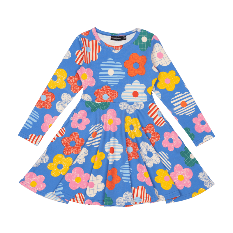 Rock Your Baby Happy Flowers LS Waisted Dress in Blue