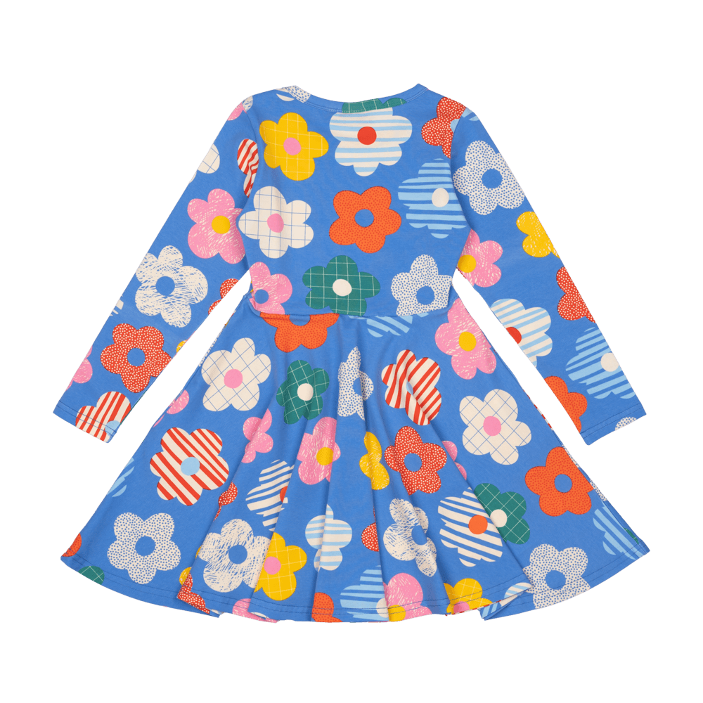 Rock Your Baby Happy Flowers LS Waisted Dress in Blue