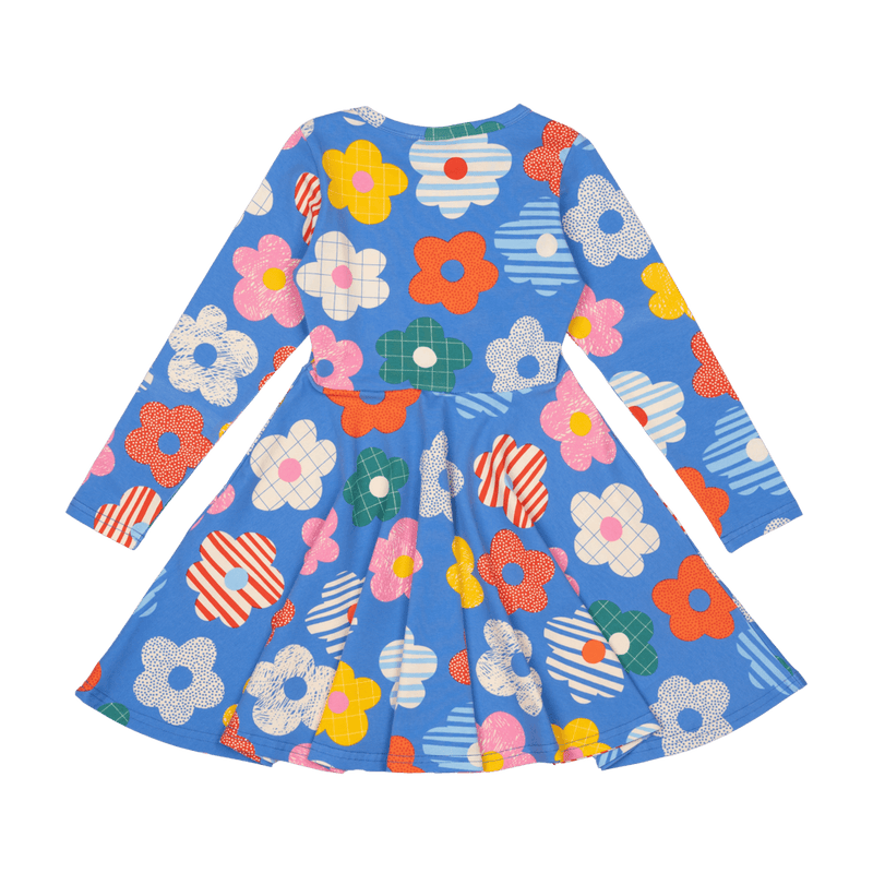 Rock Your Baby Happy Flowers LS Waisted Dress in Blue