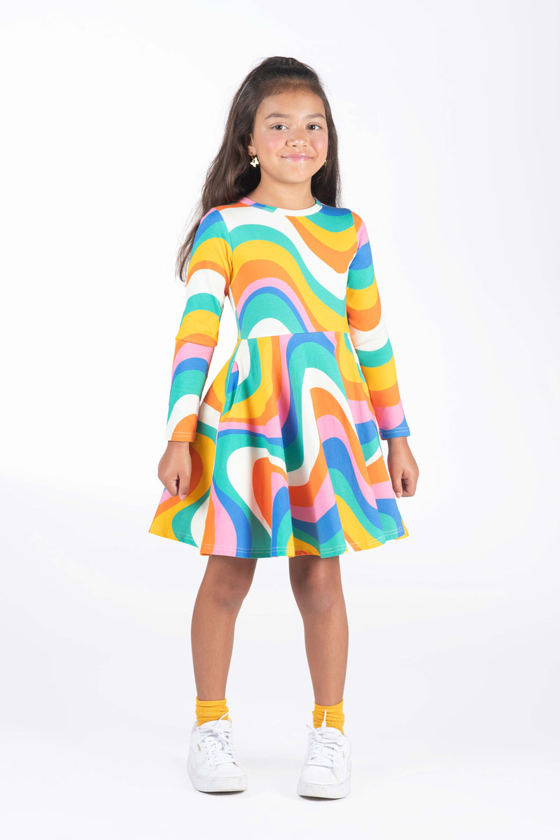 Rock Your Baby into the groove LS Waisted Dress in rainbow