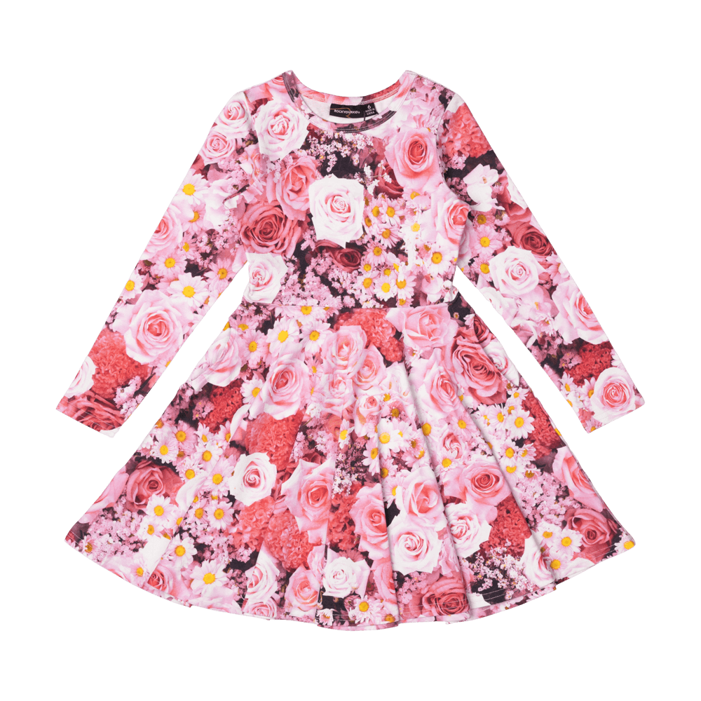 Rock Your Baby rose garden LS Waisted Dress in pink floral