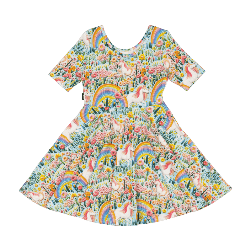 Rock Your Baby Embroidered Unicorns Mabel Waisted Dress Blue in Multi