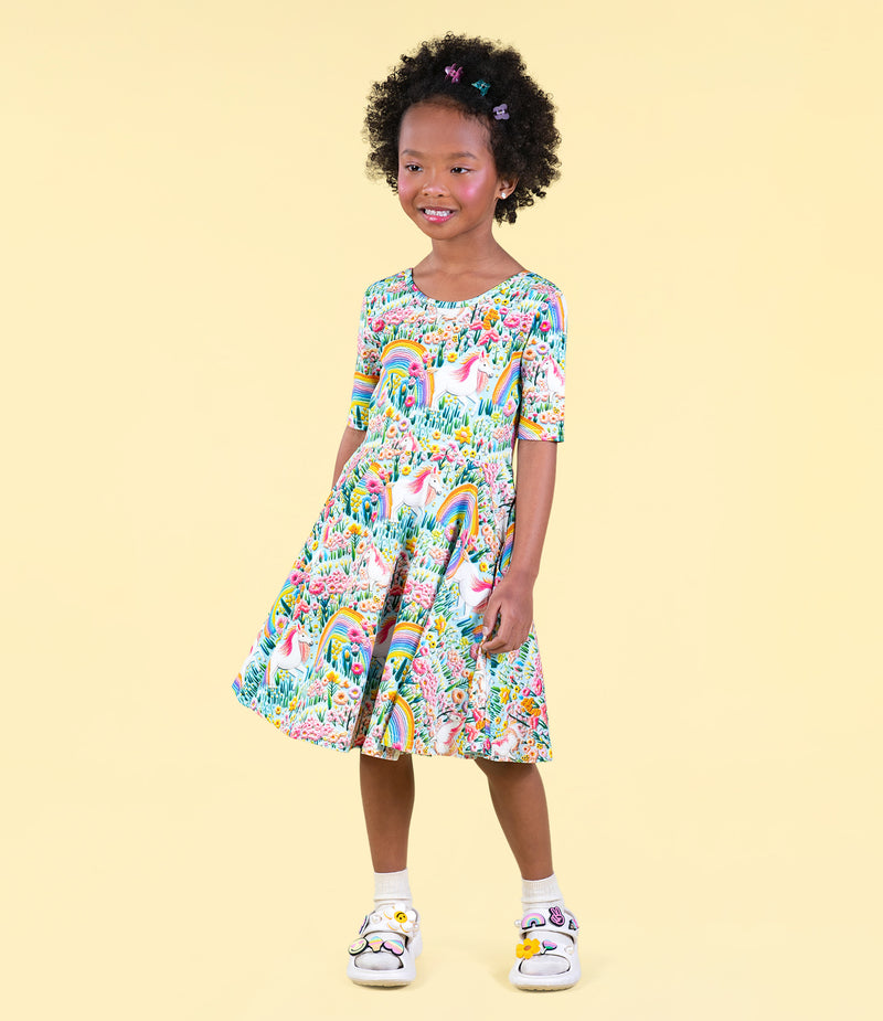Rock Your Baby Embroidered Unicorns Mabel Waisted Dress Blue in Multi