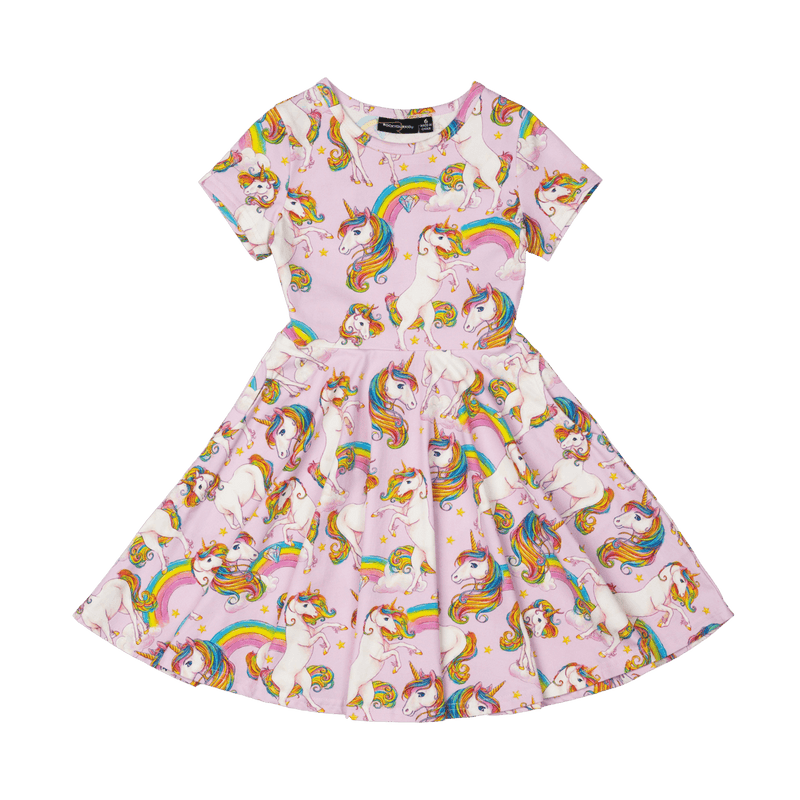 Rock Your Baby Unicorn Rainbow Waisted Dress in Pink