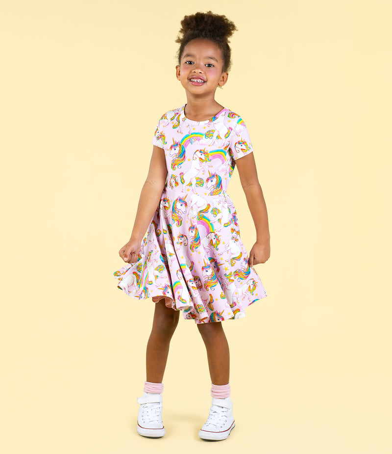 Rock Your Baby Unicorn Rainbow Waisted Dress in Pink