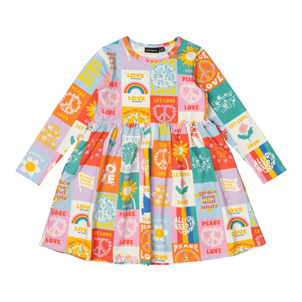 Rock Your Baby Peace & Love LS Dress in Multicolour