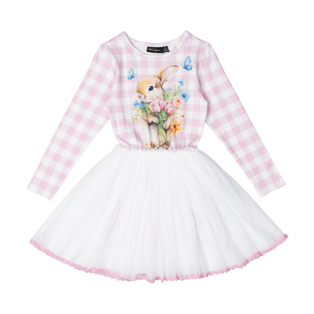 Rock your baby bunny bouquet LS circus dress in pink/cream check